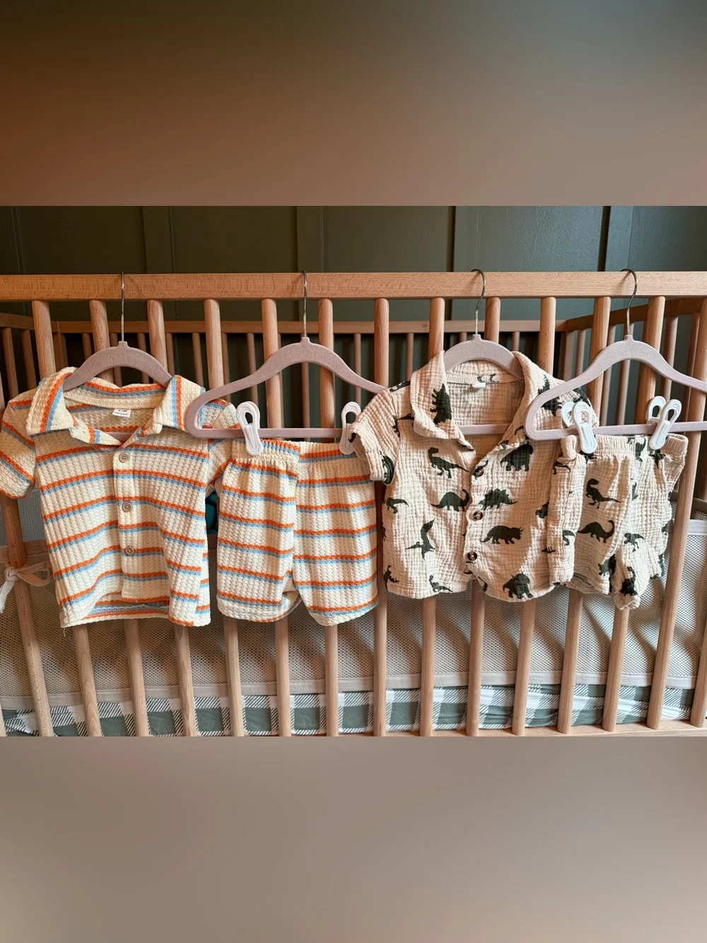 Baby Cream Dinosaur and Striped Matching Tops and Shorts Set